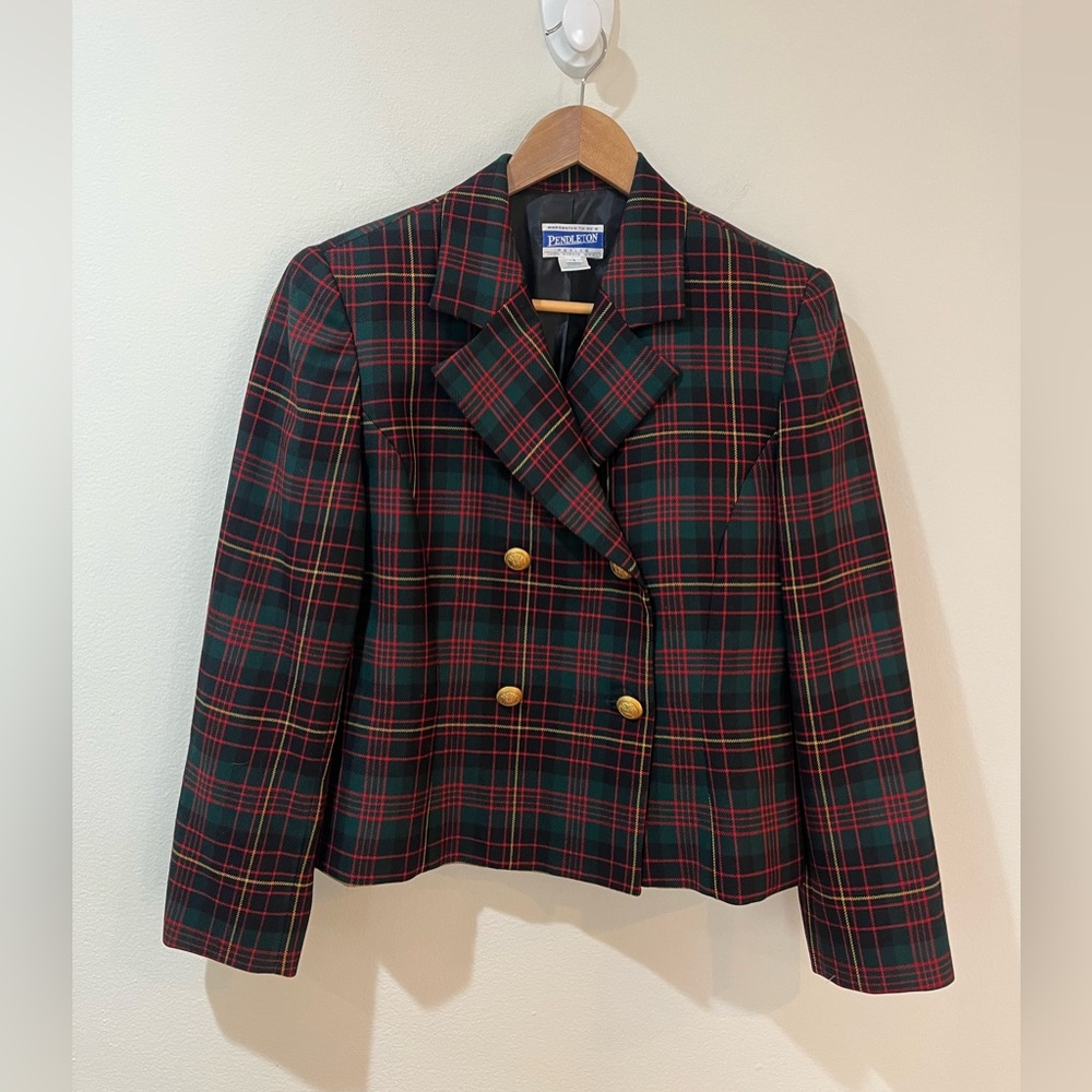 Pendleton Vintage Tartan Plaid Wool Blazer Jacket Double Breasted Red Petite 8